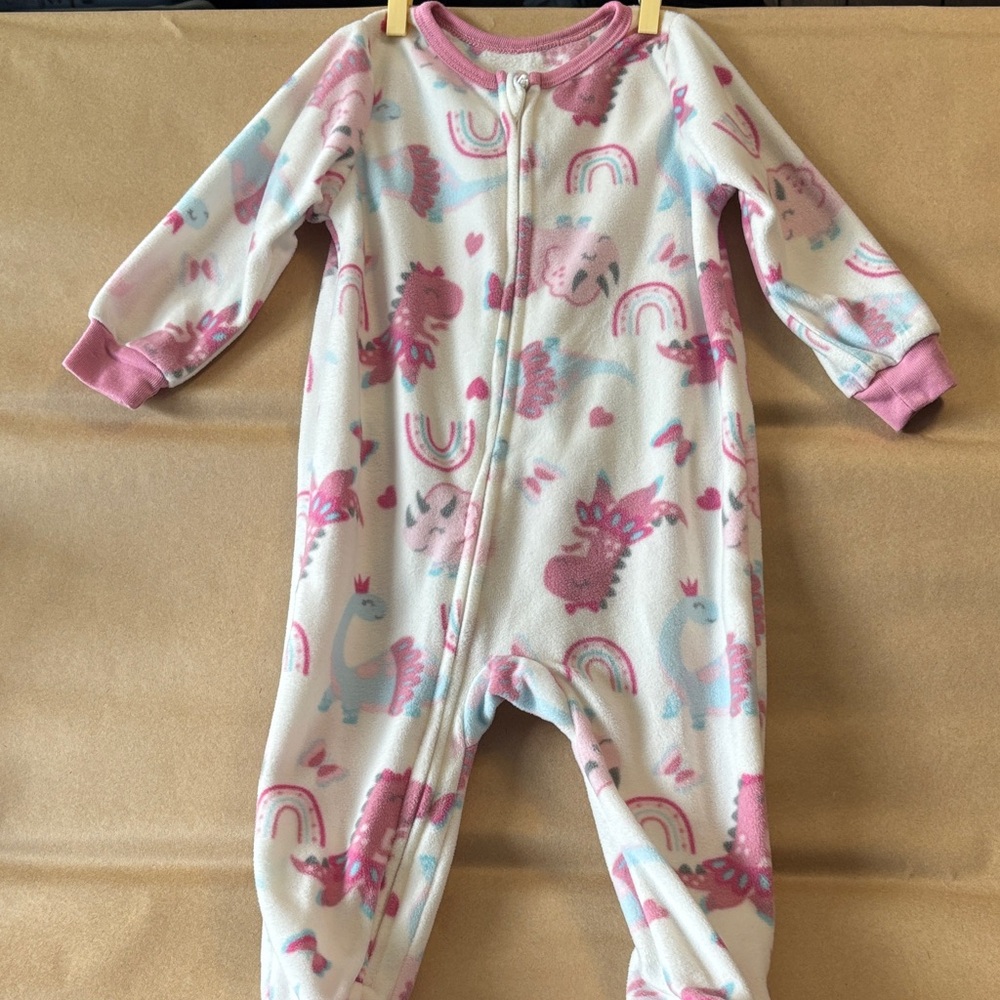 Ballerina Dinosaur Print Kids One Piece Footie Fleece Pajama, 18 mos - like new